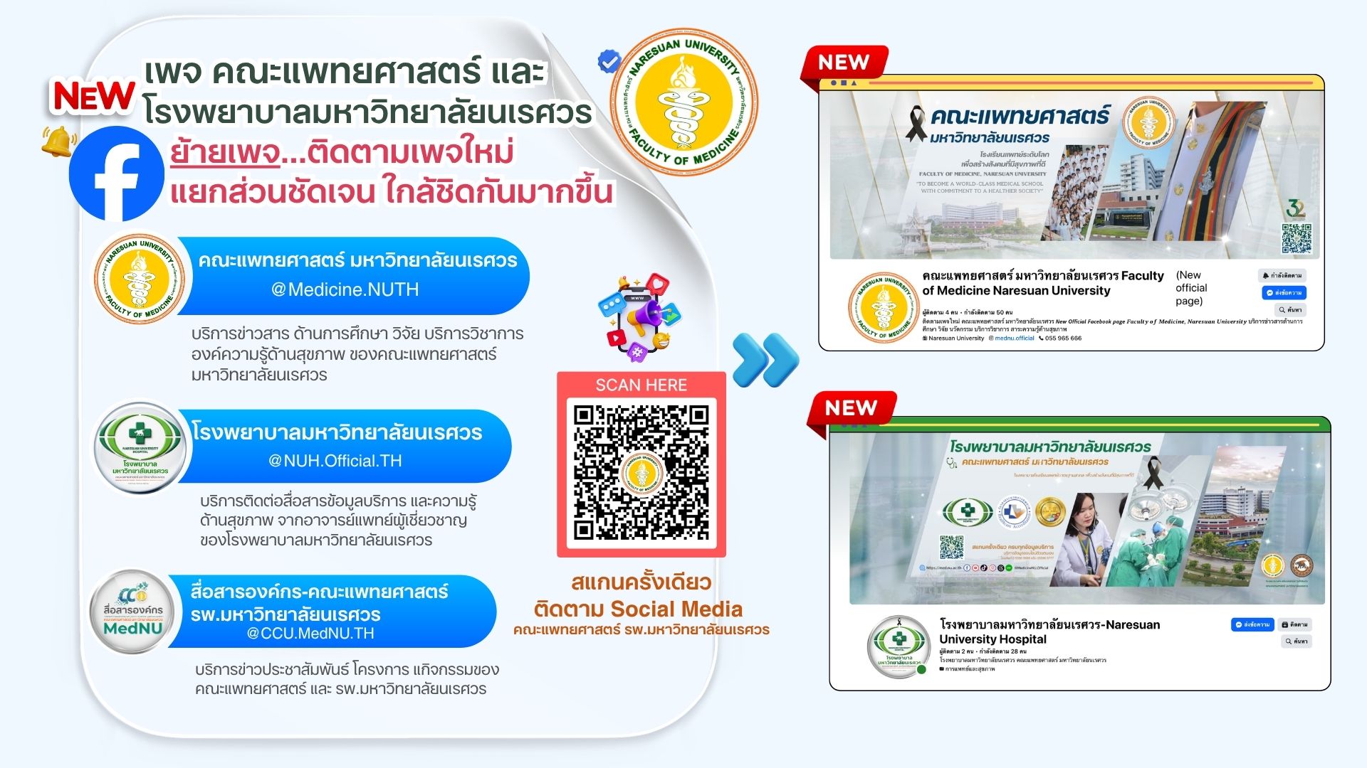 คณะแพทย์ รพ.มน. ย้ายเพจ ติดตามเพจใหม่ แยกส่วนชัดเจน ใกล้ชิดกันมากขึ้น